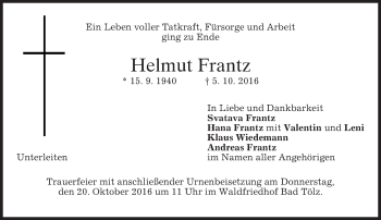 Traueranzeige von Helmut Frantz von merkurtz