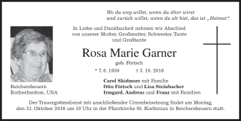 Traueranzeige von Rosa Marie Garner von merkurtz