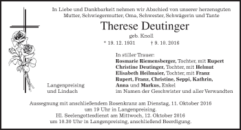 Traueranzeige von Therese Deutinger von merkurtz