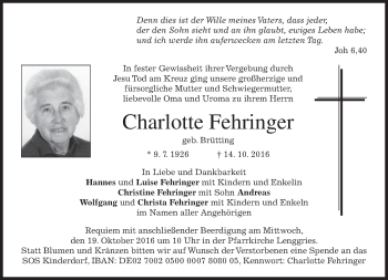 Traueranzeige von Charlotte Fehringer von merkurtz