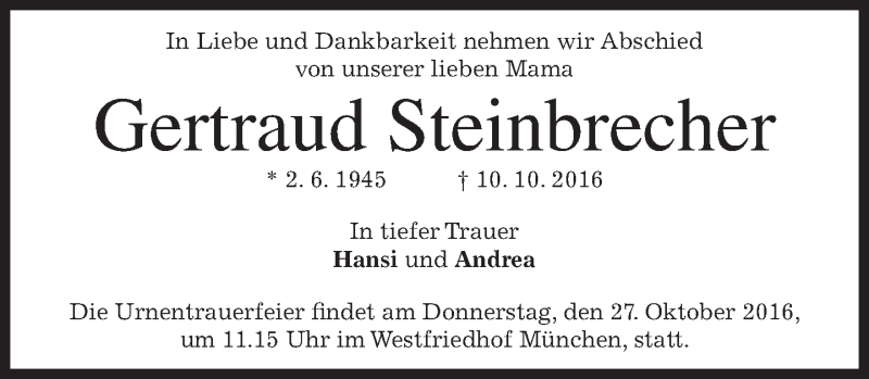  Traueranzeige für Gertraud Steinbrecher vom 22.10.2016 aus merkurtz