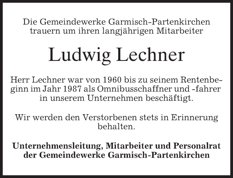  Traueranzeige für Ludwig Lechner vom 21.10.2016 aus merkurtz