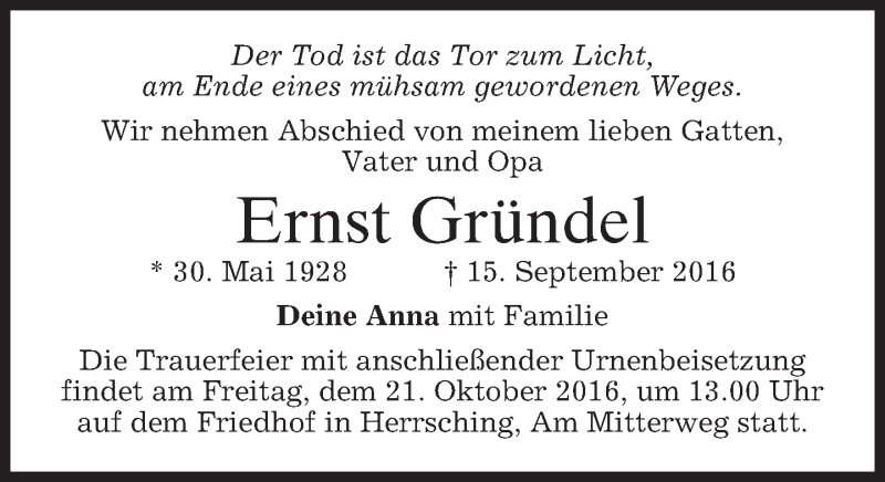  Traueranzeige für Ernst Gründel vom 15.10.2016 aus merkurtz