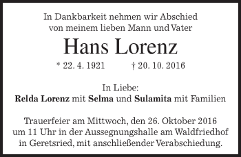 Traueranzeige von Hans Lorenz von merkurtz