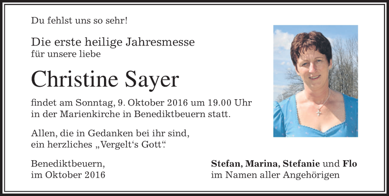  Traueranzeige für Christine Sayer vom 08.10.2016 aus merkurtz