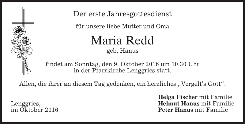  Traueranzeige für Maria Redd vom 06.10.2016 aus merkurtz