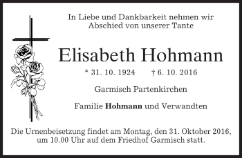 Traueranzeige von Elisabeth Hohmann von merkurtz
