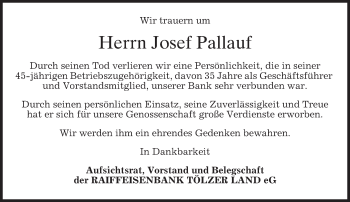 Traueranzeige von Josef Pallauf von merkurtz