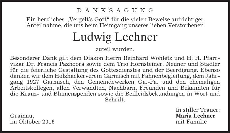  Traueranzeige für Ludwig Lechner vom 29.10.2016 aus merkurtz