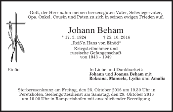 Traueranzeige von Johann Beham von merkurtz