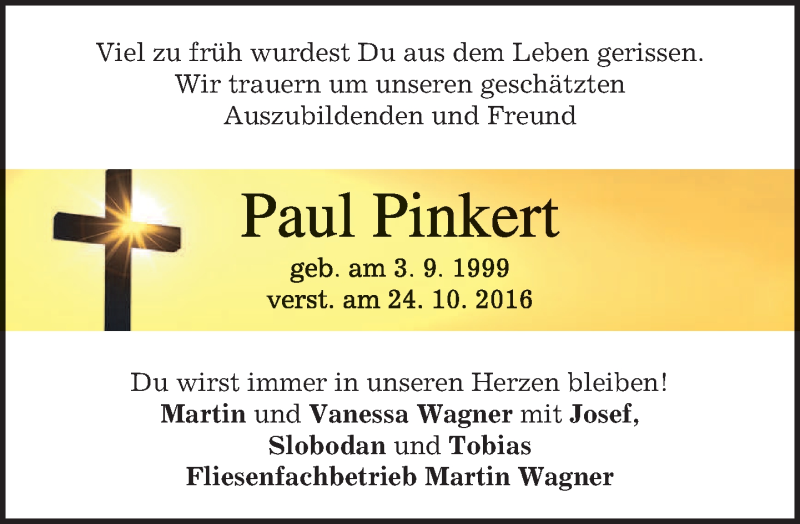  Traueranzeige für Paul Pinkert vom 31.10.2016 aus merkurtz