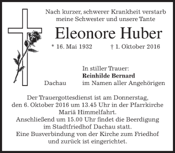 Traueranzeige von Eleonore Huber von merkurtz