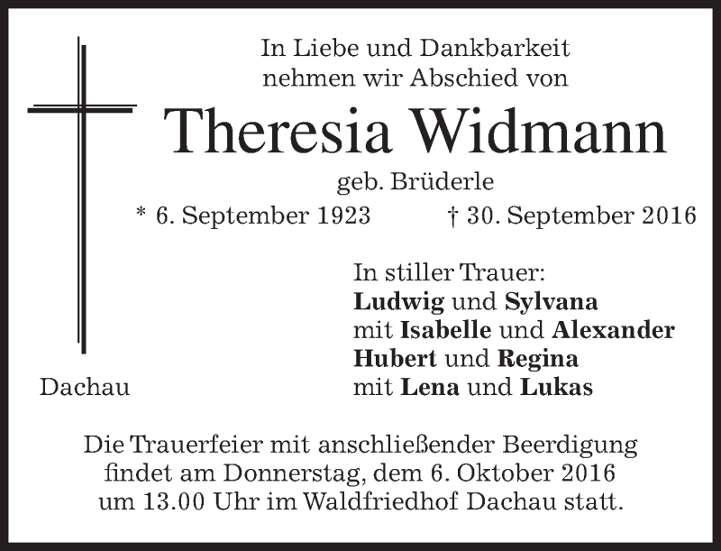  Traueranzeige für Theresia Widmann vom 04.10.2016 aus merkurtz