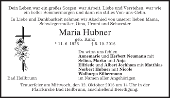 Traueranzeige von Maria Hubner von merkurtz