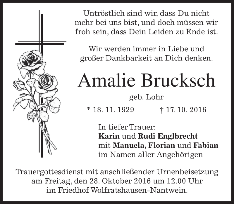  Traueranzeige für Amalie Brucksch vom 22.10.2016 aus merkurtz