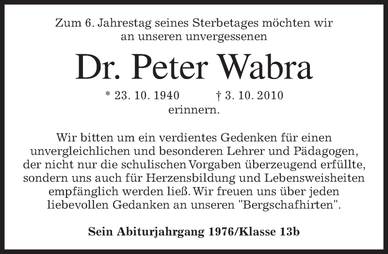  Traueranzeige für Peter Wabra vom 04.10.2016 aus merkurtz