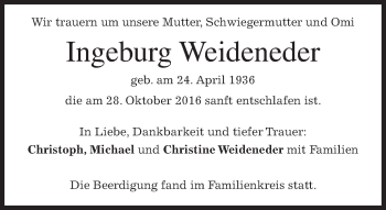 Traueranzeige von Ingeburg Weideneder von merkurtz