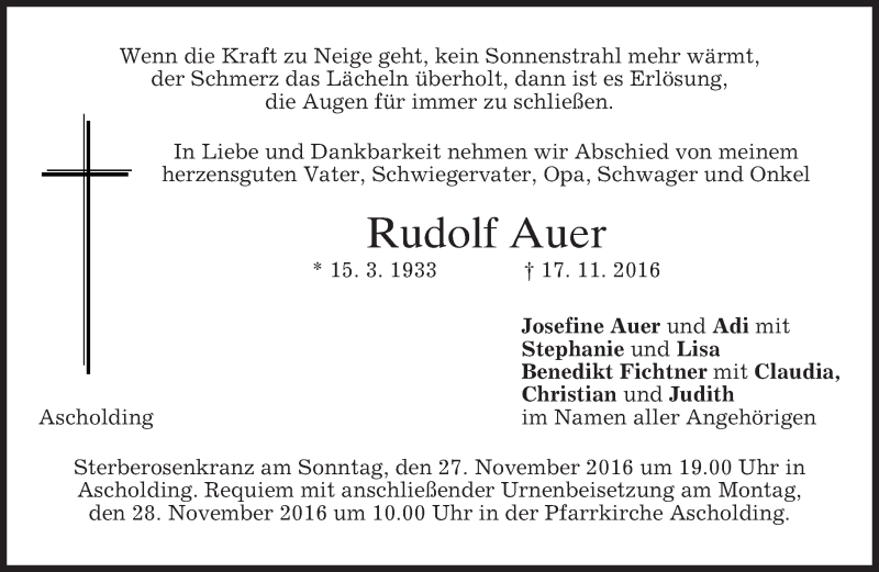  Traueranzeige für Rudolf Auer vom 25.11.2016 aus merkurtz