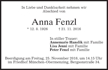 Traueranzeige von Anna Fenzl von merkurtz