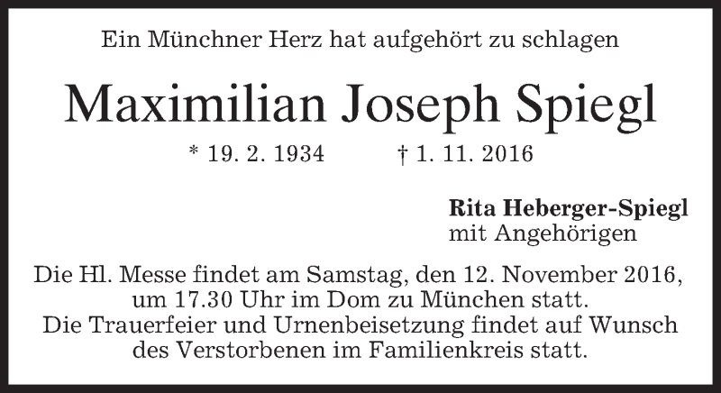  Traueranzeige für Maximilian Joseph Spiegl vom 05.11.2016 aus merkurtz