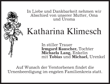 Traueranzeige von Katharina Klimesch von merkurtz