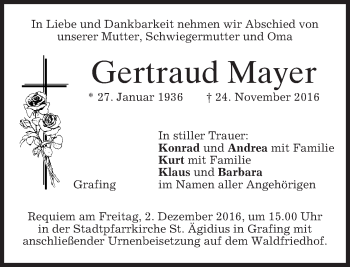 Traueranzeige von Gertraud Mayer von merkurtz