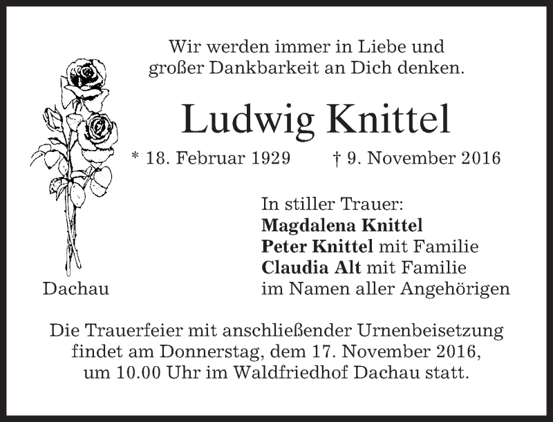  Traueranzeige für Ludwig Knittel vom 12.11.2016 aus merkurtz