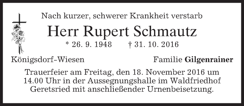  Traueranzeige für Rupert Schmautz vom 17.11.2016 aus merkurtz