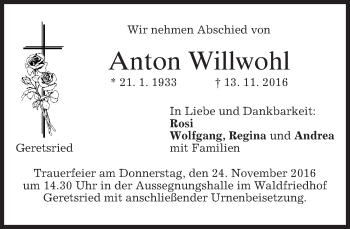 Traueranzeige von Anton Willwohl von merkurtz