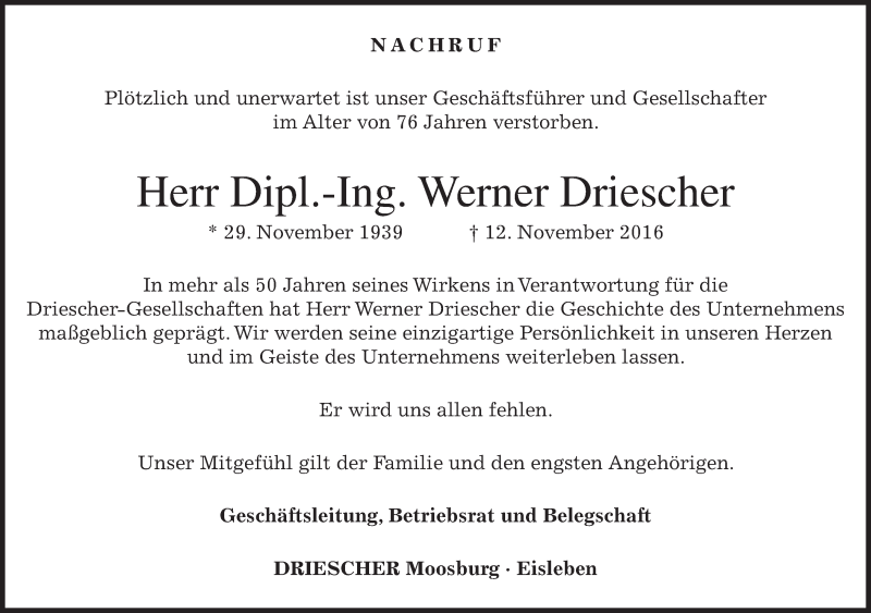  Traueranzeige für Werner Driescher vom 16.11.2016 aus merkurtz