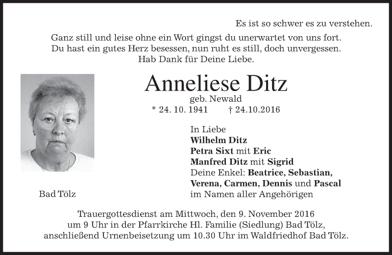  Traueranzeige für Anneliese Ditz vom 05.11.2016 aus merkurtz