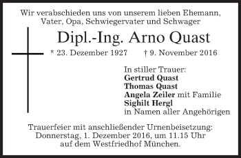 Traueranzeige von Arno Quast von merkurtz