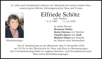 Traueranzeige von Elfriede Schötz von merkurtz