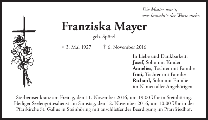  Traueranzeige für Franziska Mayer vom 10.11.2016 aus merkurtz