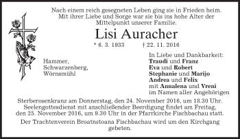 Traueranzeige von Lisi Auracher von merkurtz