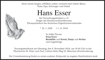 Traueranzeige von Hans Esser von merkurtz