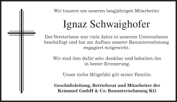 Traueranzeige von Ignaz Schwaighofer von merkurtz