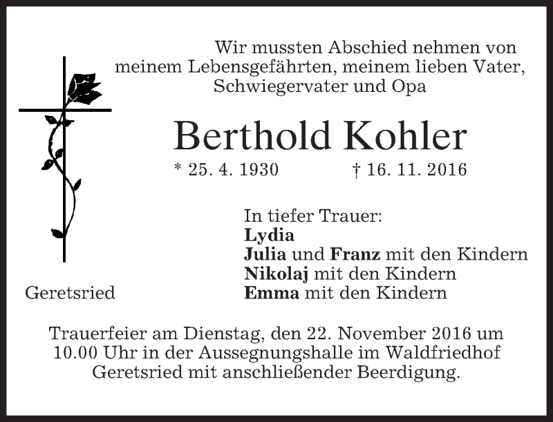  Traueranzeige für Berthold Kohler vom 19.11.2016 aus merkurtz