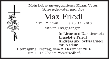 Traueranzeige von Max Friedl von merkurtz