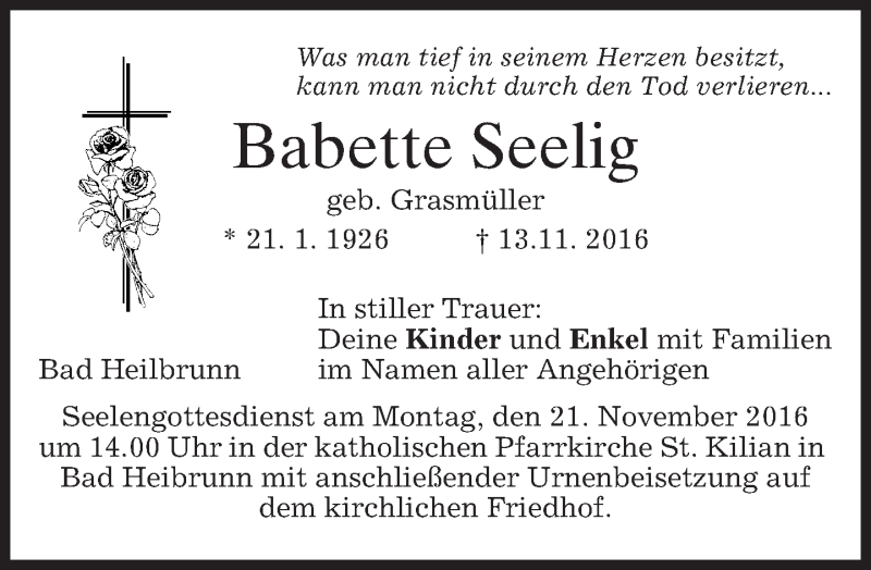  Traueranzeige für Babette Seelig vom 16.11.2016 aus merkurtz