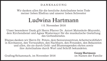 Traueranzeige von Ludwina Hartmann von merkurtz