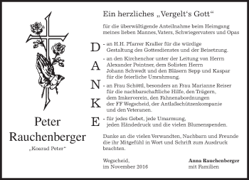 Traueranzeige von Peter Rauchenberger von merkurtz