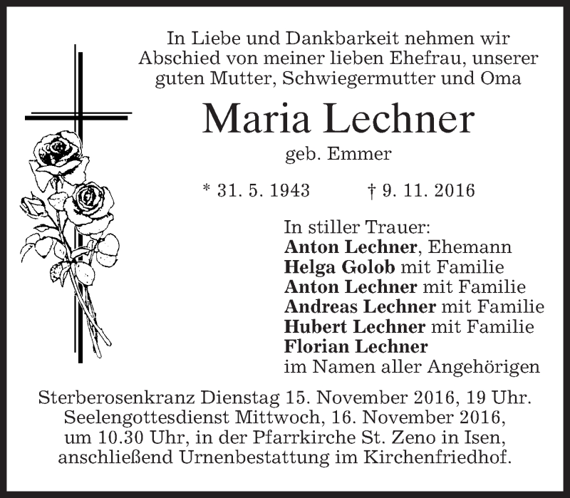  Traueranzeige für Maria Lechner vom 12.11.2016 aus merkurtz