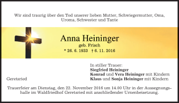 Traueranzeige von Anna Heininger von merkurtz