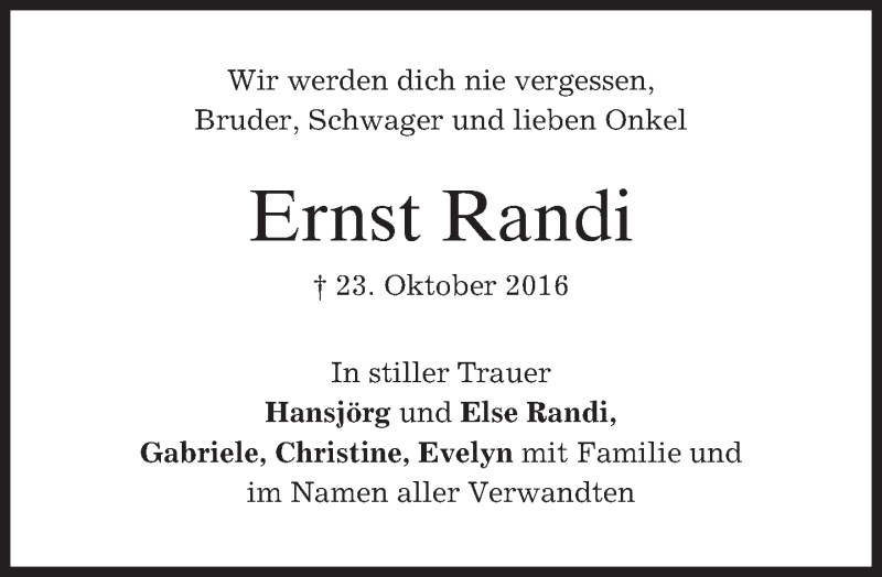  Traueranzeige für Ernst Randi vom 08.11.2016 aus merkurtz