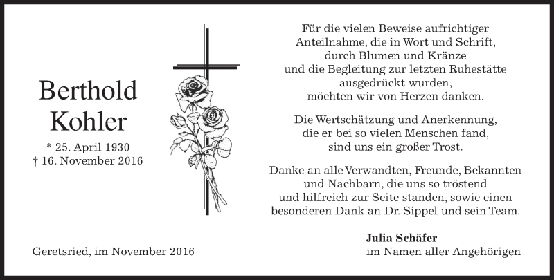  Traueranzeige für Berthold Kohler vom 26.11.2016 aus merkurtz