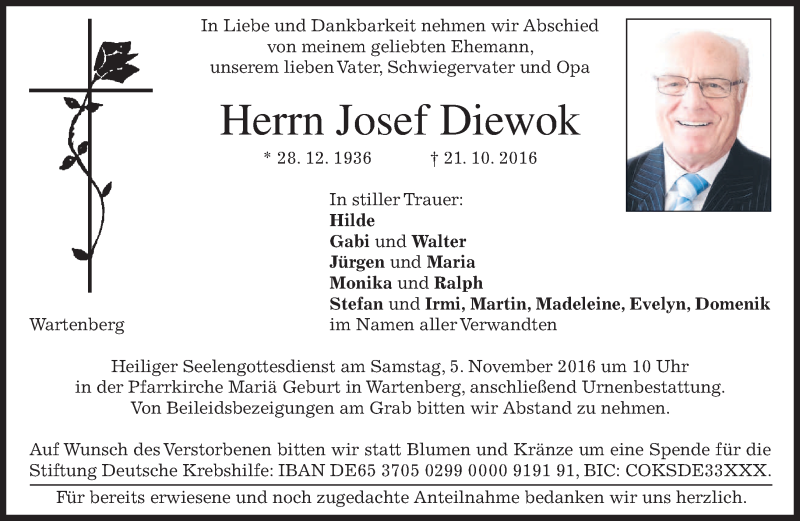  Traueranzeige für Josef Diewok vom 02.11.2016 aus merkurtz