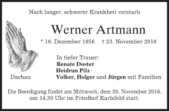 Traueranzeige von Werner Artmann von merkurtz