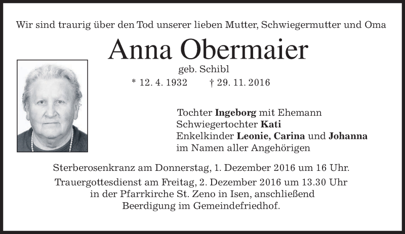  Traueranzeige für Anna Obermaler vom 30.11.2016 aus merkurtz