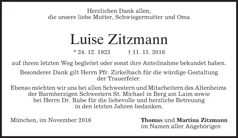  Traueranzeige für Luise Zitzmann vom 23.11.2016 aus merkurtz